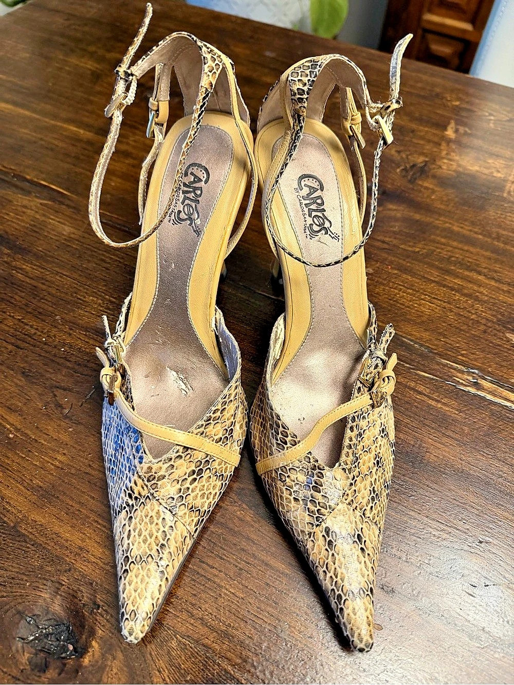 Carlos Santana Pointed Toe Animal Print Heels in Tan & Blue US 8M